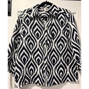 M Collection Black & White Button-Front Linen Blouse Ladies Size 12